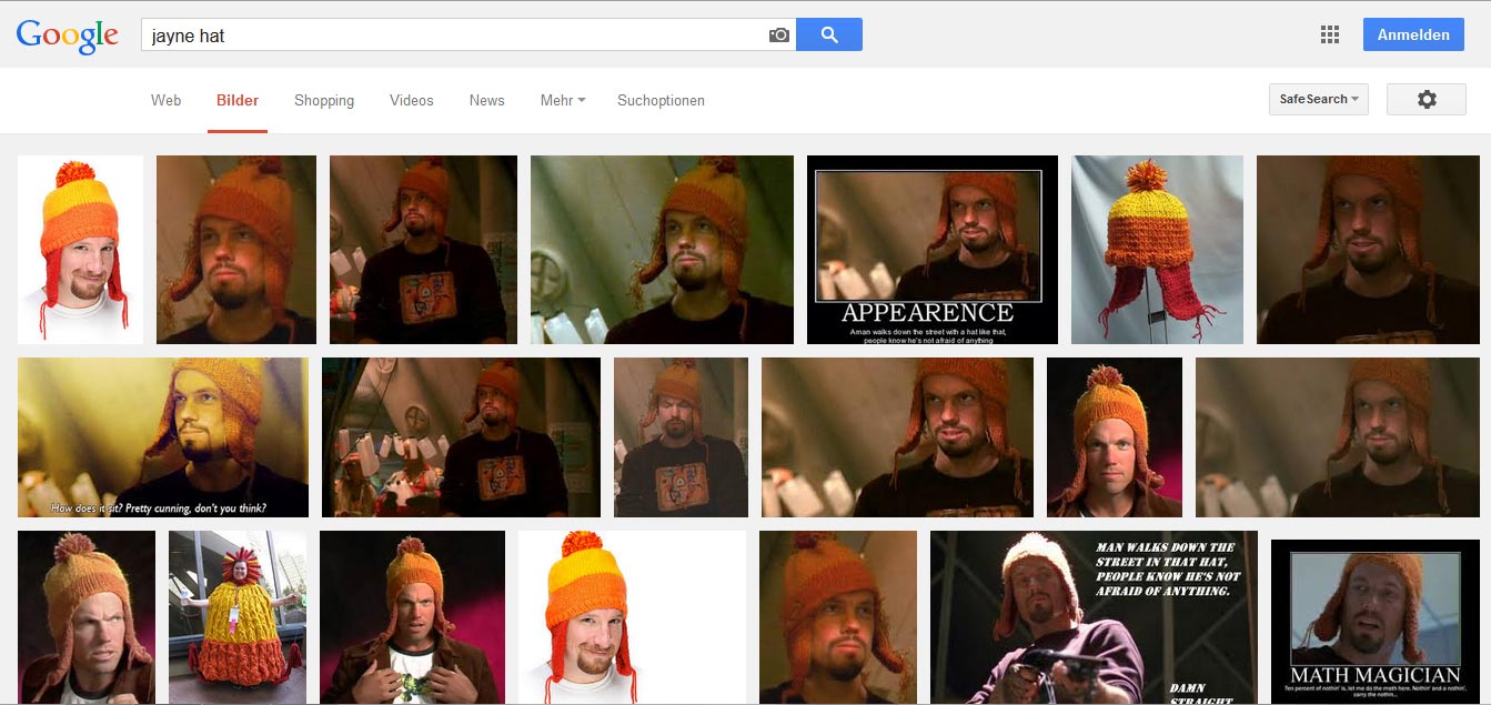 Screenshot von Google mit den Bildergebnissen für "Jayne Hat"